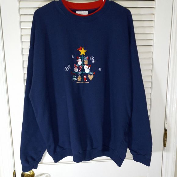 Natural Escape Navy Blue Christmas Tree Sweatshirt Size 2XL Holiday Embroidered - Picture 2 of 9